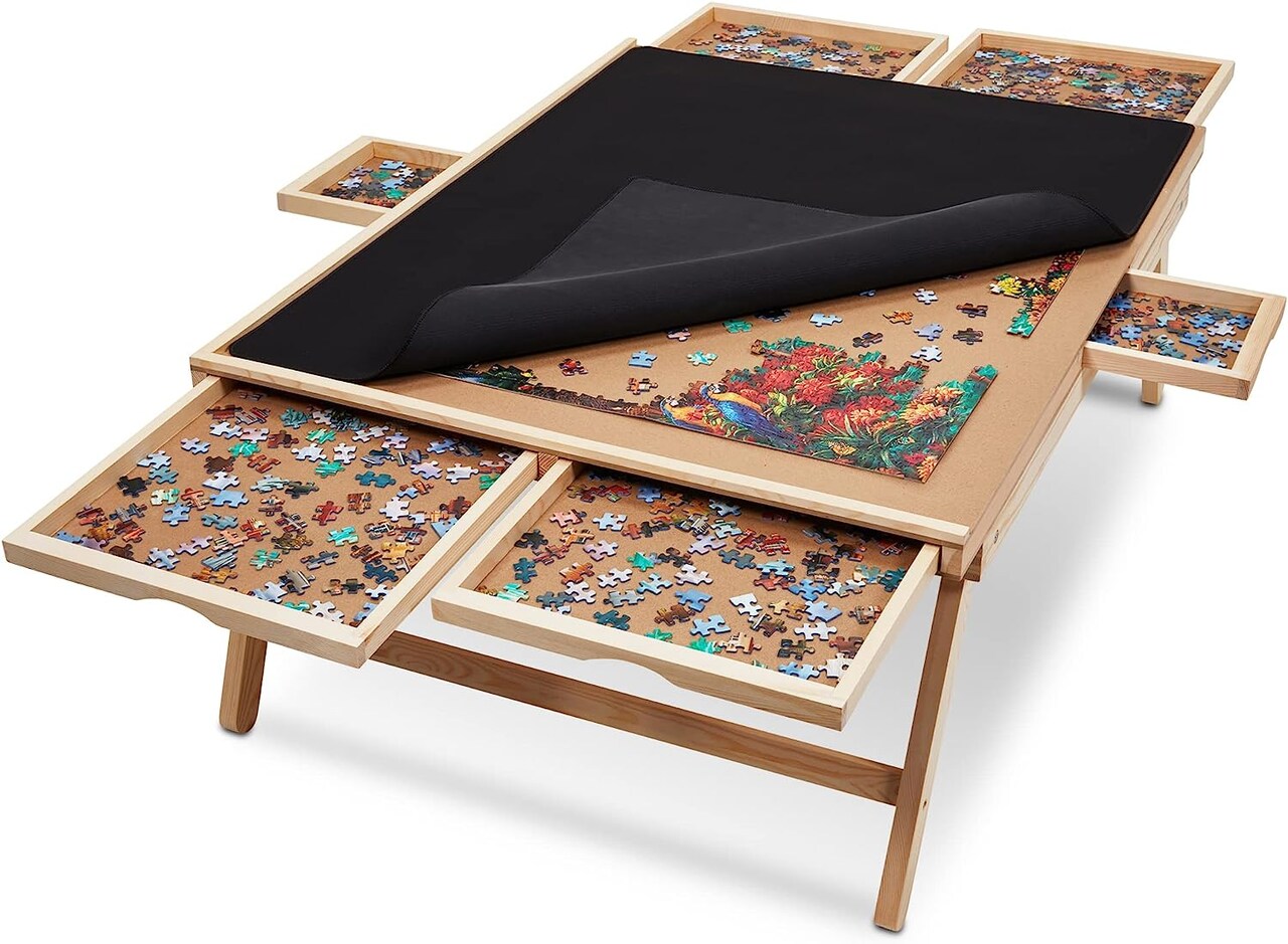 SkyMall 1500 Piece Puzzle Board & Mat, 27” x 35” Wooden Jigsaw Puzzle Table W/Legs